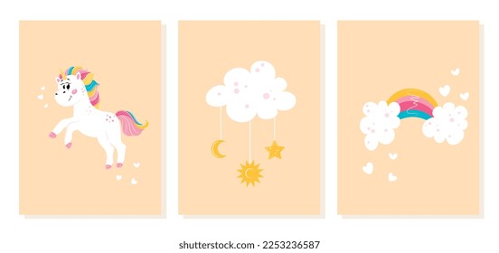 Unicorns banners set. Collection of graphic elements for site. Romance, love and tenderness. Dream and fantasy, fairy tale and magic. Cartoon flat vector illustrations isolated on white background