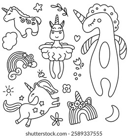 Unicorns in black line in hand drawn style on white background, children's print