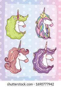 dibujos animados unicornios diseño, fantasía mágica cuento de hadas animal hadas salvaje adorable y adorable tema Ilustración vectorial