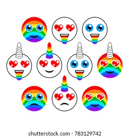 Unicorns, characters and emoticons of emoji. Smiles, pack of flat signs. Vector