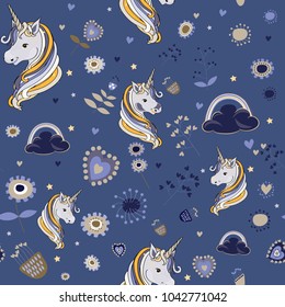Unicorns with clouds and colored drops with cute flowers around. Seamless pattern. Vector illustration on blue background