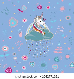 Unicorns with clouds and colored drops with cute pink flowers around. Seamless pattern. Vector illustration on light blue background