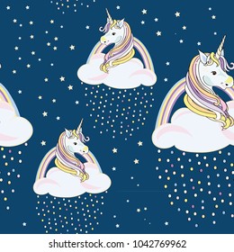 Unicorns with clouds and colored drops with stars around. Seamless pattern. Vector illustration on blue background