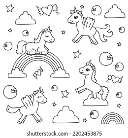 Conjunto de ilustraciones vectoriales de Unicornios con nubes y arcos