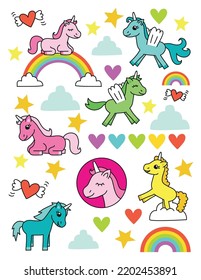 Conjunto de ilustraciones vectoriales de Unicornios con nubes y arcos