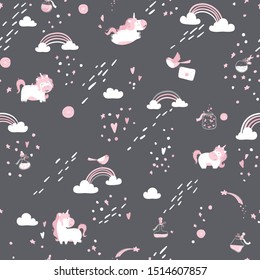 Unicorns in the clouds seamless pattern. Vector magic background in cartoon scandinavian style. illustration in gray-pink colors on a dark background.