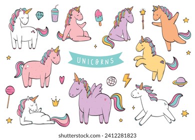 Unicorns collection, clip art, cartoon elements for stickers, prints, cards, nursery decor, kids apparel, sublimation. Unicorn and party doodles. EPS 10