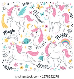 Unicorns collection. Vector illustration of cute cartoon white Unicorns in doodle style with pink mane. Isolated on white background.