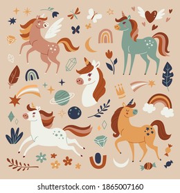 Unicorns collection. Vector illustration of cute cartoon white Unicorns and magical symbols in trendy colors. Isolated on background.