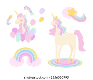 Unicorns collection. Vector illustration of cute cartoon multicolored Unicorns with rainbow mane. Isolated on white background.Vector background, postcard, party invitation

