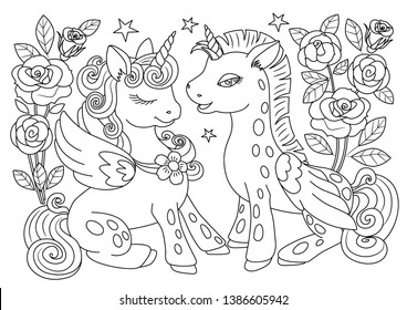 Unicorns coloring page. Children background. Coloring page unicorn. Magic unicorn cartoon. Sketch animals. Animals coloring page. Magic pony