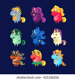 Unicorns In Costumes Set Of Flat Bright Color Childish Cartoon Design Vector Illustrations Isolated On Dark Background svg