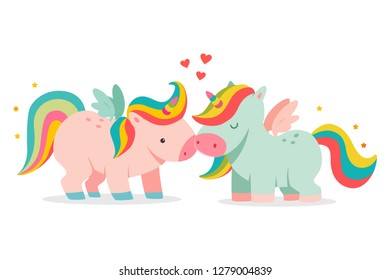 Unicorns couple with angel wings and hearts. Valentine Day vector cartoon cute animal character isolated on white background.