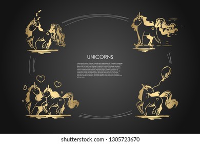 Unicorns - couple in love, holding airballon, riding on skateboard and singing unicorns vector concept set. Hand drawn sketch isolated illustration