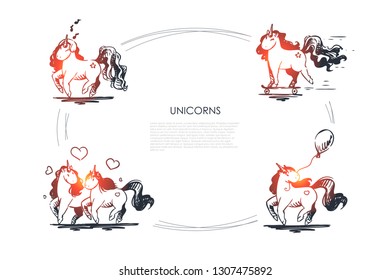 Unicorns - couple in love, holding airballon, riding on skateboard and singing unicorns vector concept set. Hand drawn sketch isolated illustration