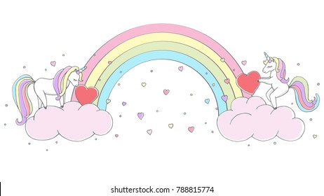 Unicorns. Cute hand drawn vector illustration. Can be used for baby shower celebration,  Valentanes day card with unicorns. Beautiful cartoon illustration with unicorns on white background. 