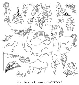 Unicorns are depicted in the style of school drawing with a ballpoint pen and sweets.