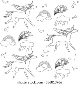 Unicorns are depicted in the style of school drawing with a ballpoint pen and clouds.