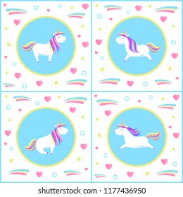 Unicorns design of mythological creature with one big horn on head vector. Set of funny horses with rainbow hair and drawn hearts, flowers and stars