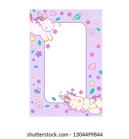 Unicorns and different magic elements, on diploma certificate template illustration