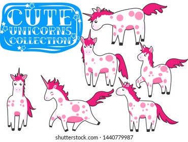 Unicorns in different poses cartoons collection. Childish doodle pony character set. 