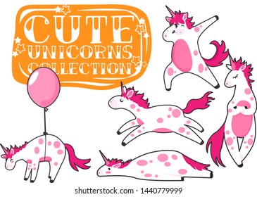 Unicorns in different poses cartoons collection. Childish doodle pony character set. 