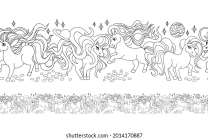 Unicorns. Endless seamless pattern, contour drawing. Coloring book for children, decoration fabric. Outline drawing, lines for coloring, black and white illustration for children s drawing. Vector