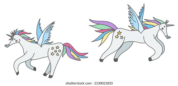 unicorns are fabulous animals with bright mane. sketch flat style vector