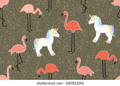 Unicorns and flamingos. Seamless animal print with fantasy motifs on brown background. Trendy design for textile, cards, covers and other decorations.