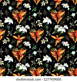 Unicorns, flowers and magical herbs. Seamless pattern. 