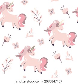 Unicorns and flowers seamless pattern. Fantastic animal. Print for fabric, textile, apparel, wrapping paper. Kids texture. Nursery prints. Hand draw Vector illustration. 