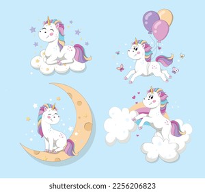 Unicorns fly set. Collection of graphic elements for website. Fictional character, fairy tale and imagination. Tenderness and love. Cartoon flat vector illustrations isolated on blue background