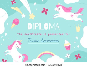 Unicorns frame. Kids diploma template with magic items, fairy creatures, rainbow and sweets, mythical horses. Children school certificate, preschool graduation vector cartoon concept