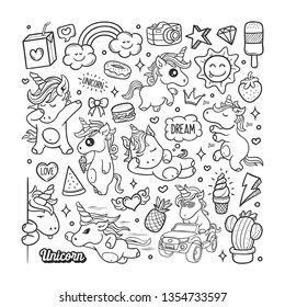 Unicorns Hand Drawn Doodle Color Vector