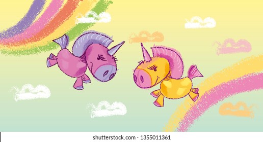 Unicorns hand drawn vector illustration  Magical creatures in sky pencil pastel drawing  Fairy tale banner cartoon background  Ponies   multicolor rainbow child doodle  Horse  cloud freehand sketch