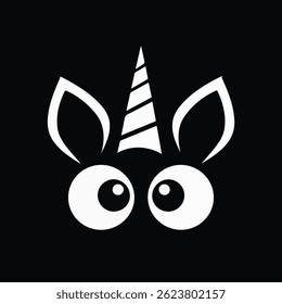 a unicorn's head silhouette is subtly integrated into the design, with only the ears and eyes visible. The large, round, white eyes with black pupils create a striking contrast against the darkness.