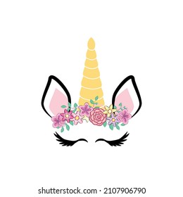 Unicorn's Horn with Flowers and Eyelashes rainbow, bangs. Card, invitation