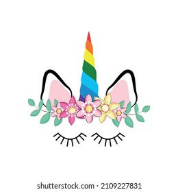 Unicorn's Horn with Flowers and Eyelashes rainbow, bangs. Card, invitation