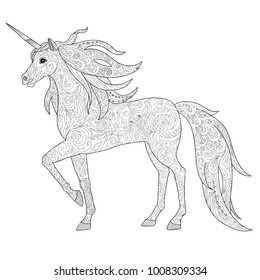 Unicorns horse page for adult coloring book. Magical animal vector illustration. 