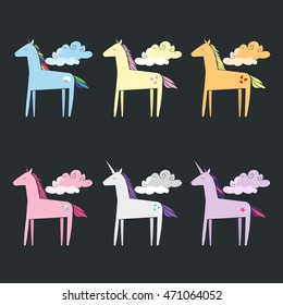Unicorns and horses with magic manes in clouds on background. Cartoon doodle cute ponies with horn. Vector illustration.