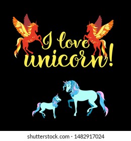 Unicorns and horses on a black background. Fantastic fabulous animals. Beautiful mane