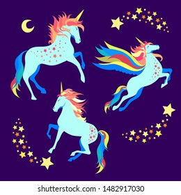 Unicorns and horses on a black background. Fantastic fabulous animals. Beautiful mane