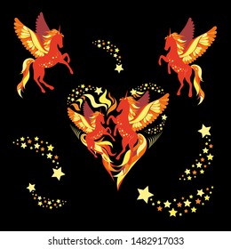Unicorns and horses on a black background. Fantastic fabulous animals. Beautiful mane