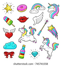 Unicorns icon set. Cute fantasy creature with magic abilities and amazing rainbow color. Unicorns cartoon vector illustration isolated on white background