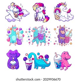 Unicorns, llamas and Dinos - cute animals drink the bubble tea. Vector hand drawn illustrations