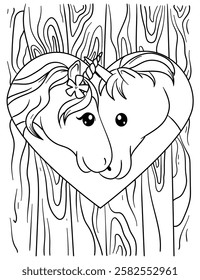 Unicorns in love. A pair of unicorns. Heart. Valentine's Day. Black and white coloring.