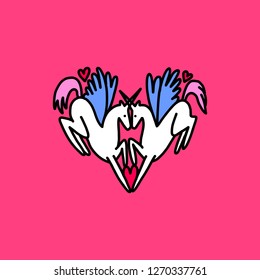 Unicorns in love. Pegasus couple. Unicorn Pin. Valentine's day card. Hand drawn illustration.