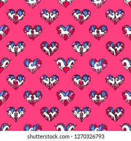 Unicorns in love seamless pattern. Pegasus couple in love. Unicorn Pin. Greeting card for Valentine's day. Hand drawn illustration.