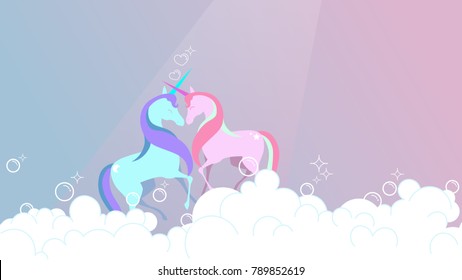 unicorns in love. unicorn for valentine's day on pastel color background. Card with a cute unicorns in the bubble. Couple of unicorn in love. vector, illustration.