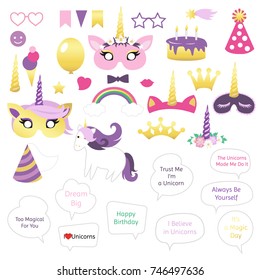 Unicorns and magic theme for Birthday party. Set of photo booth props and speech bubbles